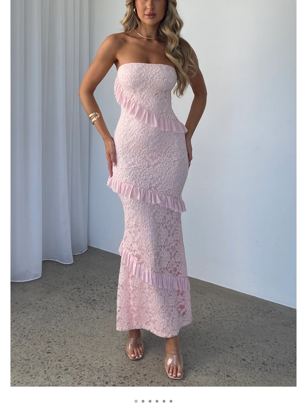 Whitefox Strapless Pink Lace Ruffle Maxi Dress